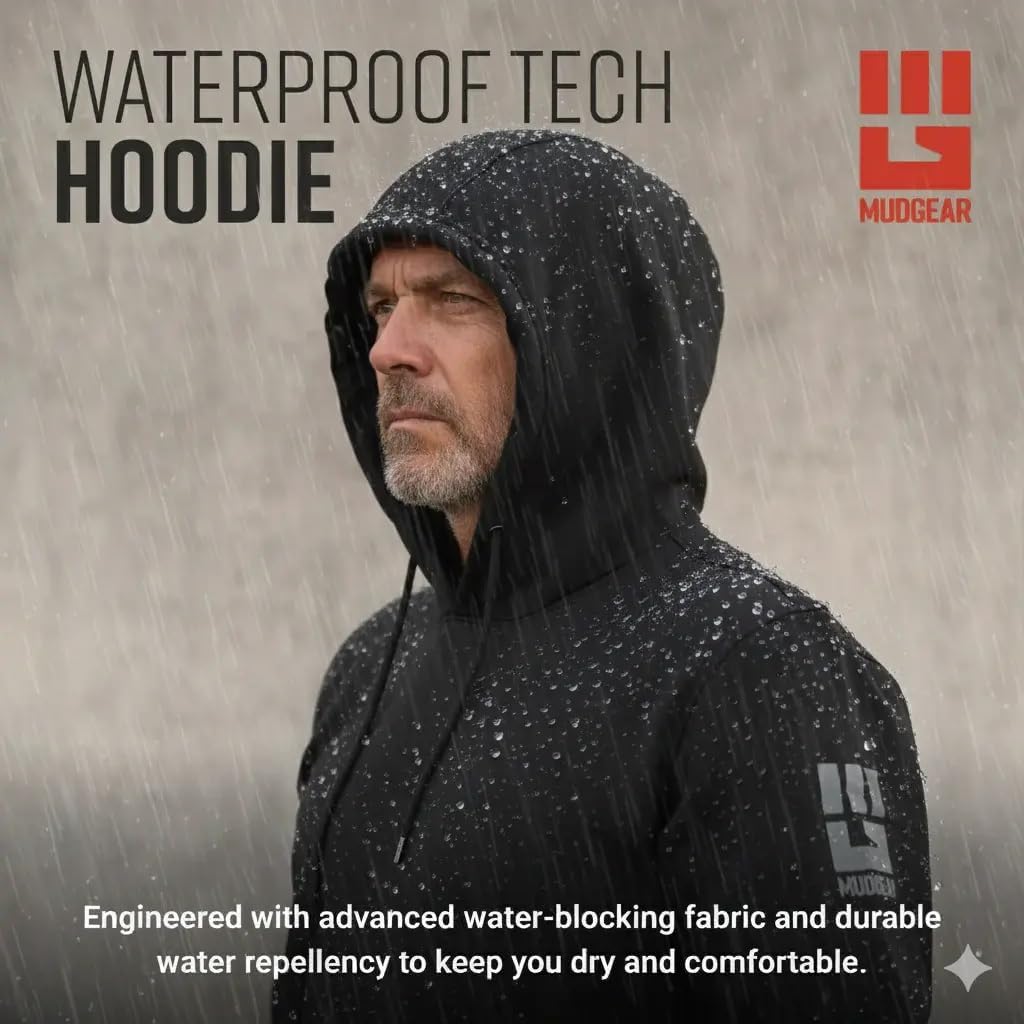 MudGear Performance Hoodie, Lightweight Breathable Fleece-Lined Tech Hoodie, Water-Repellent with Adjustable Hood