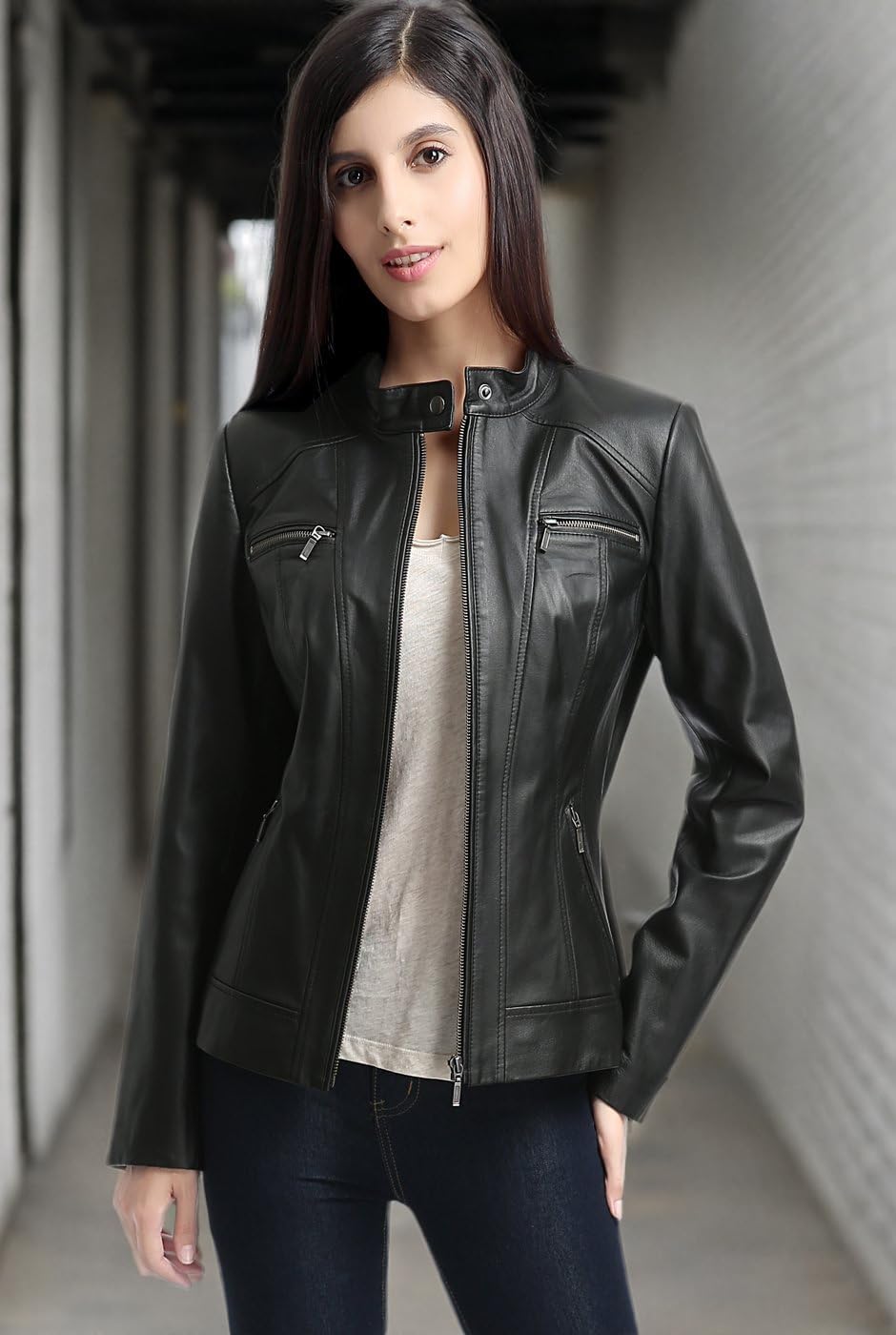 Women's Mila Zip Front Lambskin Leather Jacket Ghana Ubuy