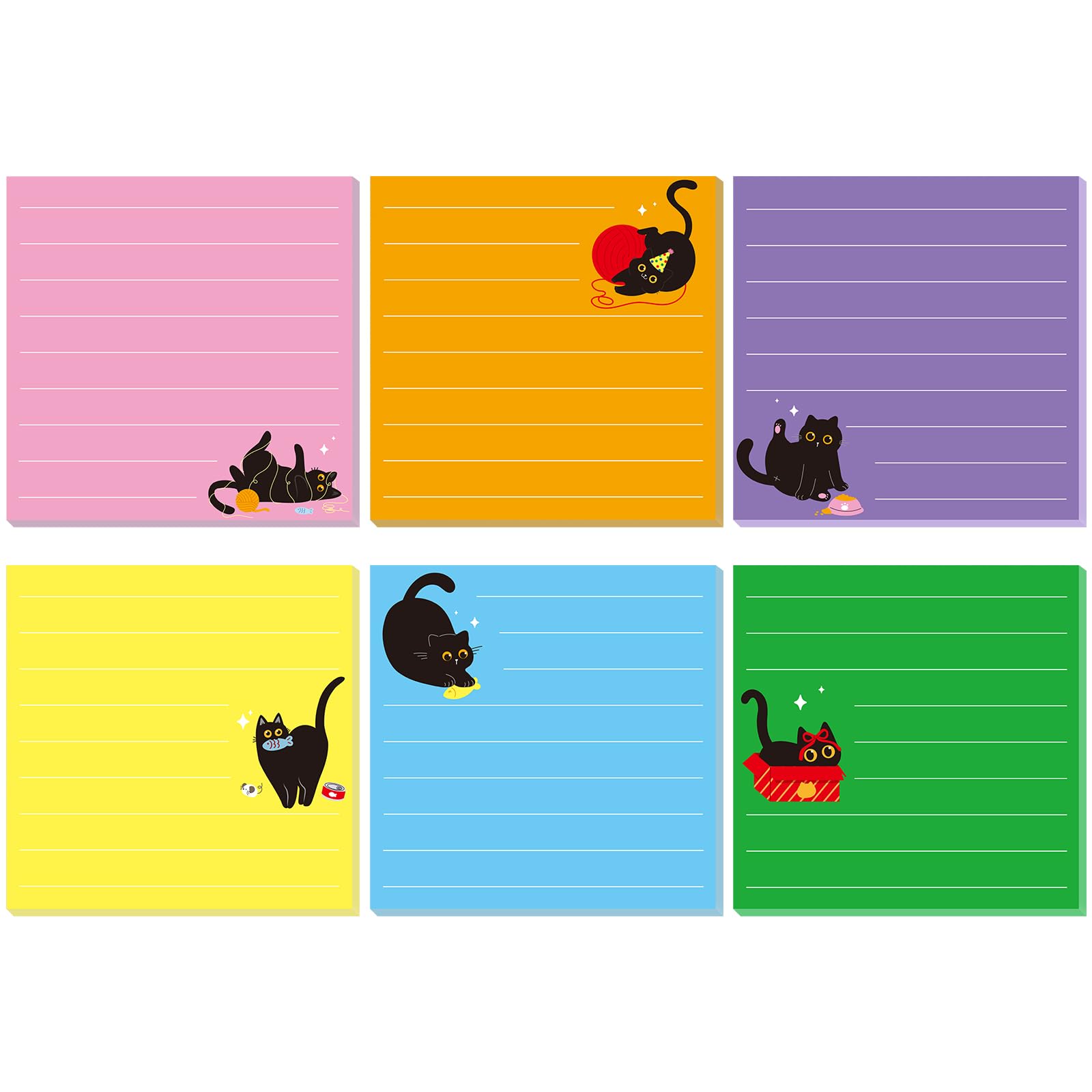 JIANTA 12 Pads Black Cat Sticky Notes, 3 x 3 Inch Lined to Do List Notepads, 6 Colors Cute Self-Stick Memo Pads for Cat Lovers, Office, School Supplies