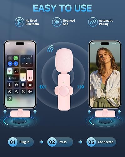 Miniatura 2 de Micrófono Lavalier inalámbrico profesional para iPhone iPad, micrófono de clip omnidireccional inalámbrico, micrófono Plug-Play para entrevista,