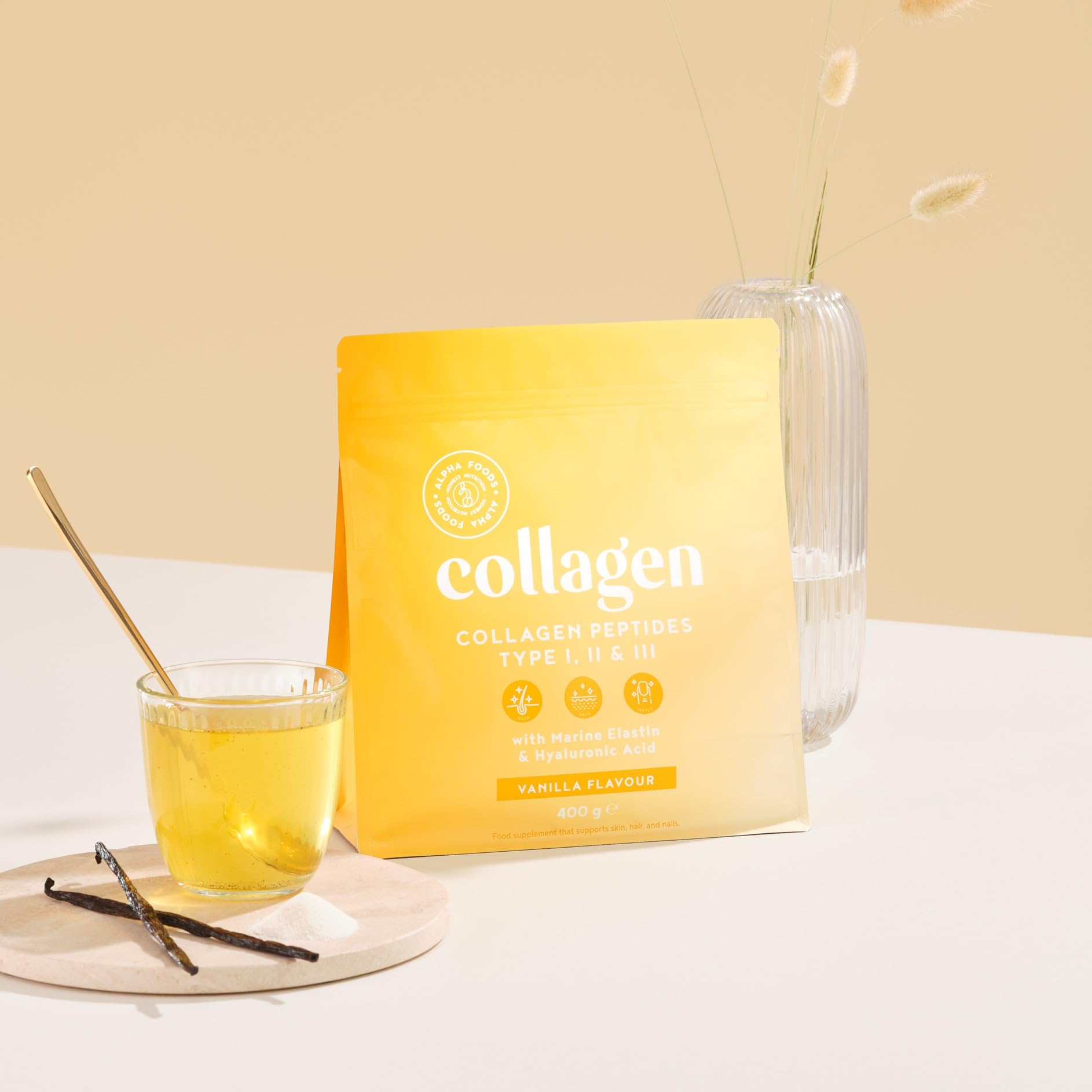 Colágeno en Polvo 400g | Péptidos de Colageno Hidrolizado con Acido Hialuronico y Elastina Marino | Collagen Peptides Tipos I, II, III | Sabor Vainilla | Alpha Foods