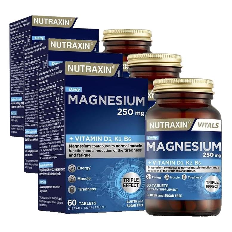 Nutraxin Magnesium Daily 250 mg | Magnezyum, D3K2 ve B6 Vitaminli | Şeker ve Gluten İçermez | 60 Tablet (3 paketi)