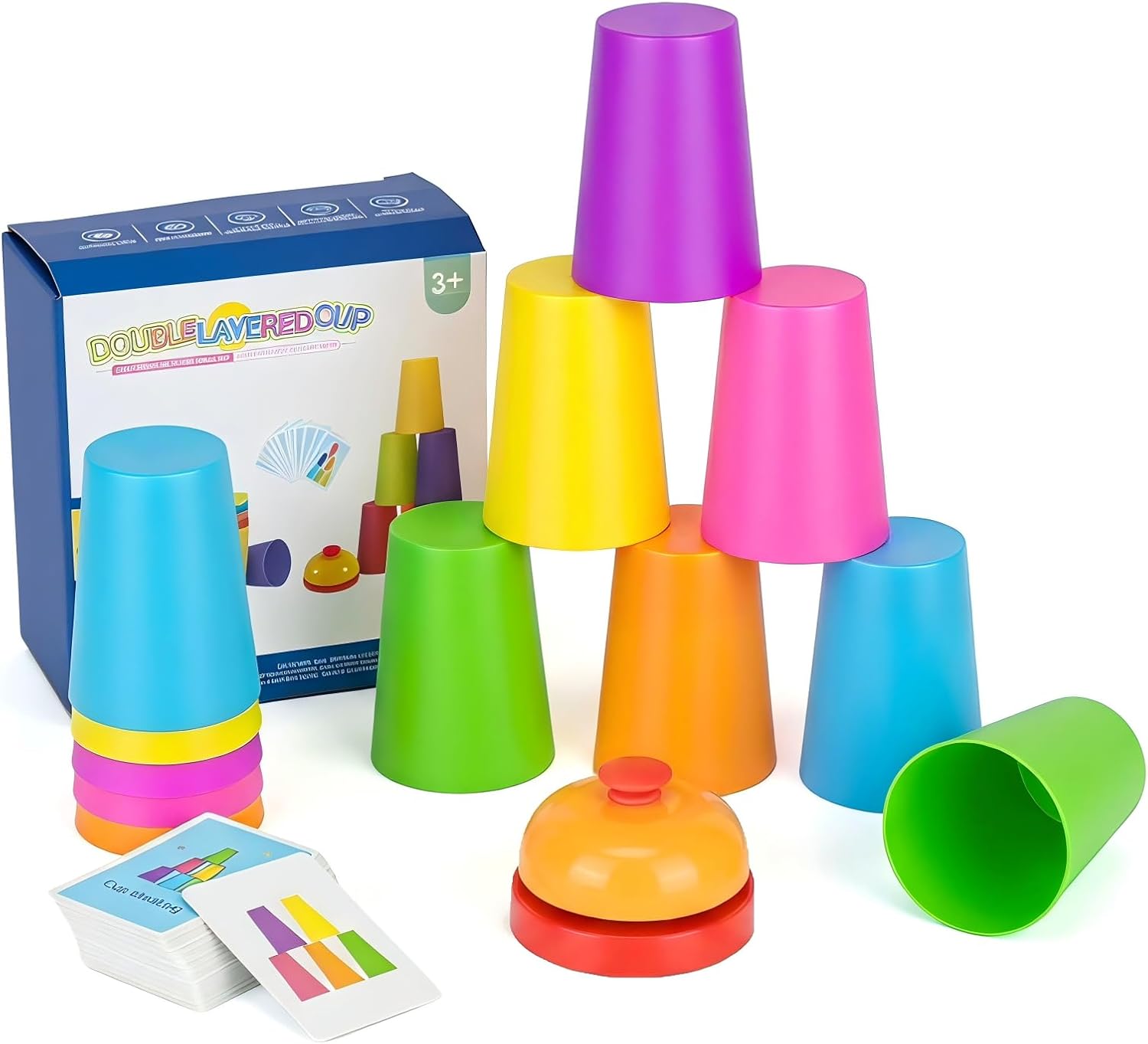 Speed Stacking Cups Game Set - 12 Stacking Cups, 54 Cards, Bell - Cup Stacking Set for Competitive Play & Cognitive Training - Family Battle or Classroom Stacking Game, Parent-Child Interactive Toy