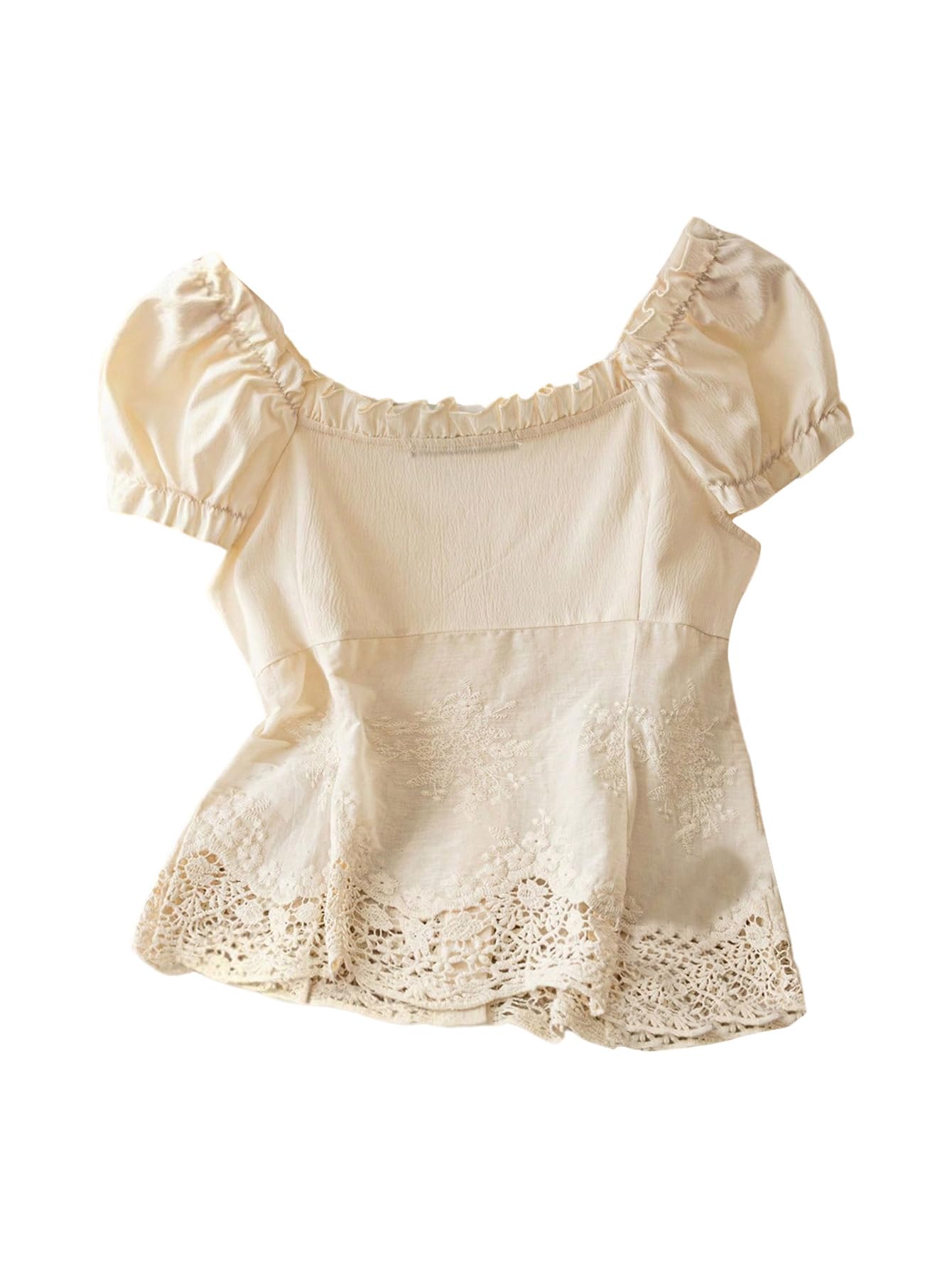 SOLY HUX Women's Sweetheart Neck Frill Bow Tie Front Blouse Puff Sleeve Floral Embroidery Button Down Summer Tops