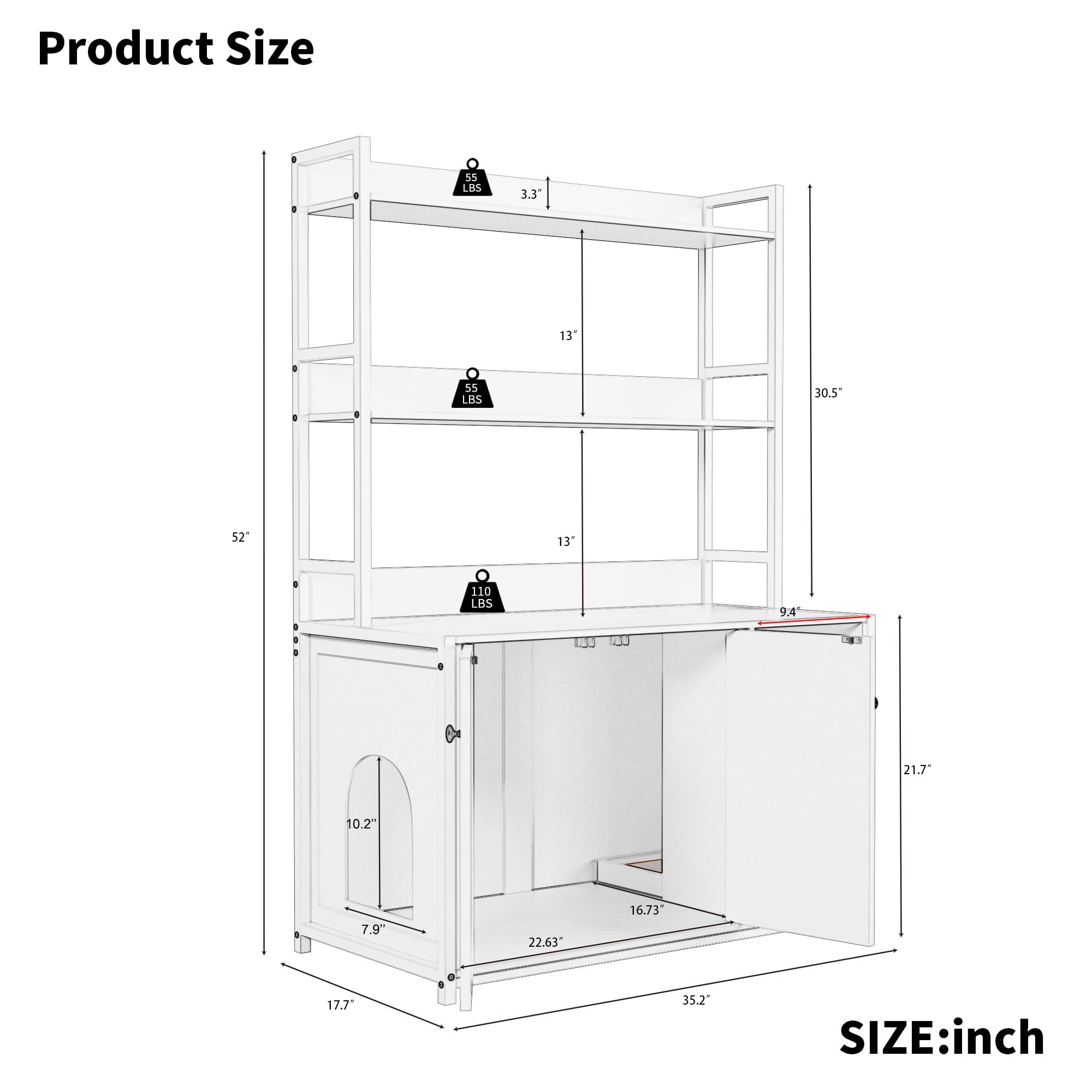 Meuble Litiere Chat avec Trou d’Entrée Latéral& Ouvert Compartiment Rangement,Armoire à litière avec Plan de Travail et 2 étagères.Maison pour Chat pour Salon,Chambre,Bain(132x45x90cm,Noir)