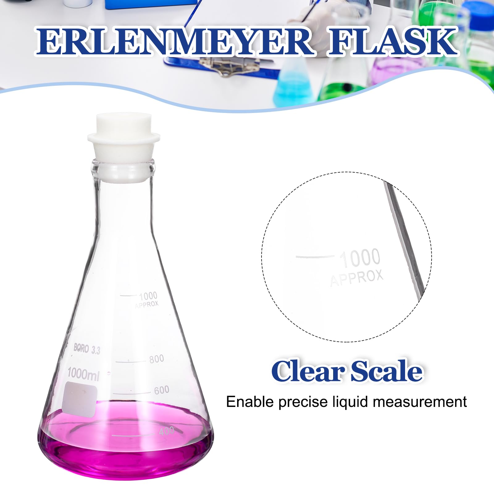 PATIKIL PATIKIL Matraz Erlenmeyer De Boca Vidrio De Silicona Arena Transparente|Estrecha 1000ml 33.8oz Borosilicato 3.3 Con Tapón Núcleo De Matraces Graduados Con Escala Impresa Para