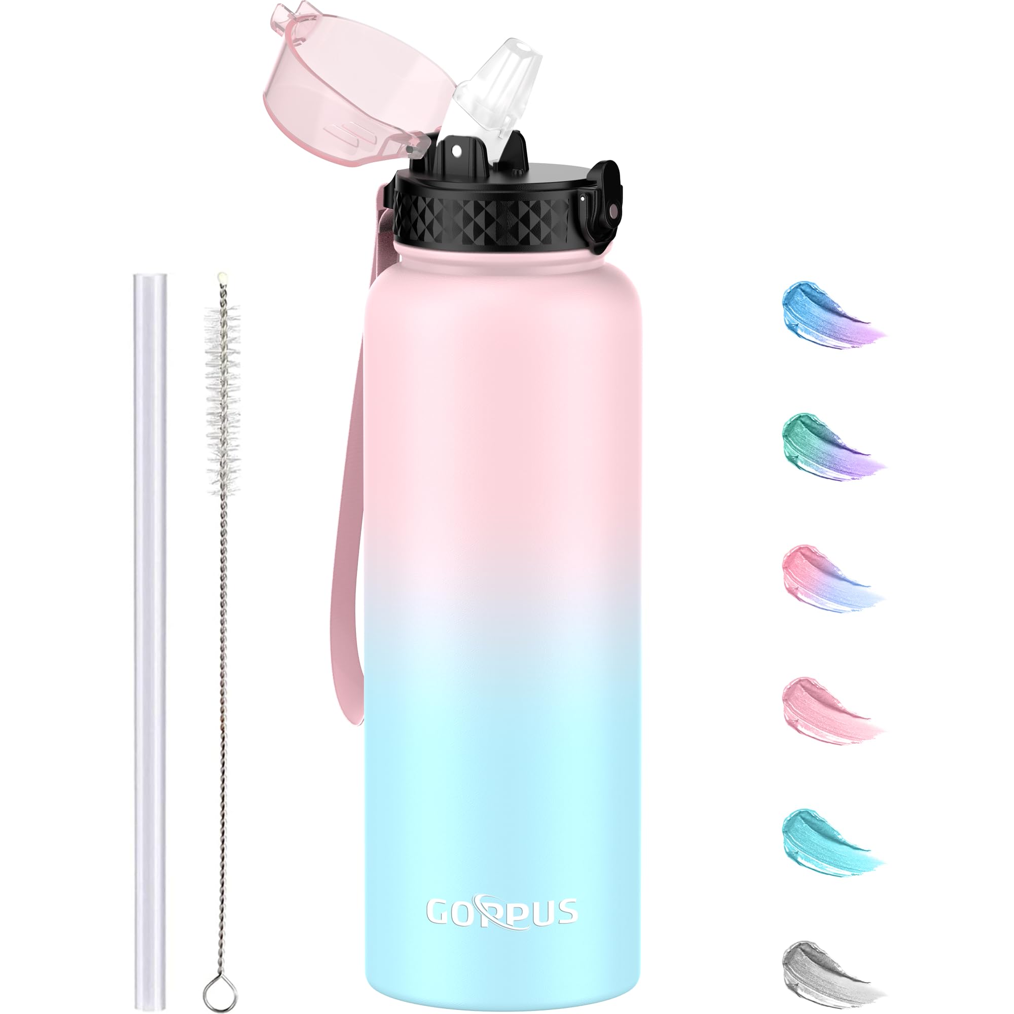 GOPPUS 1.2L/40oz Borraccia Inossidabile con Cannuccia Borraccia per Acqua Termica Fredda Borracce in Acciaio a Doppia Parete Borracce Isolate a Tenuta Stagna Borraccia per Adulti Flip Top