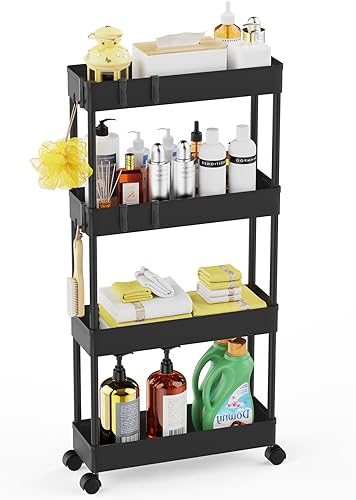 Miniatura 10 de LEHOM Carrito de almacenamiento delgado con ruedas – Organizador de baño de 4 niveles, carrito de utilidad, estantes de almacenamiento deslizantes,