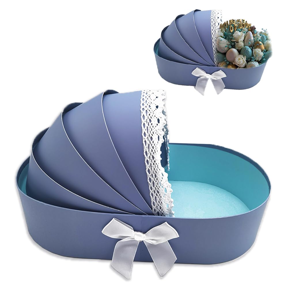 QRQR Baby Shower Crib Basket Shaped Cardboard Box Decorative Paper Mache for Flower Sweet Treat (Blue)