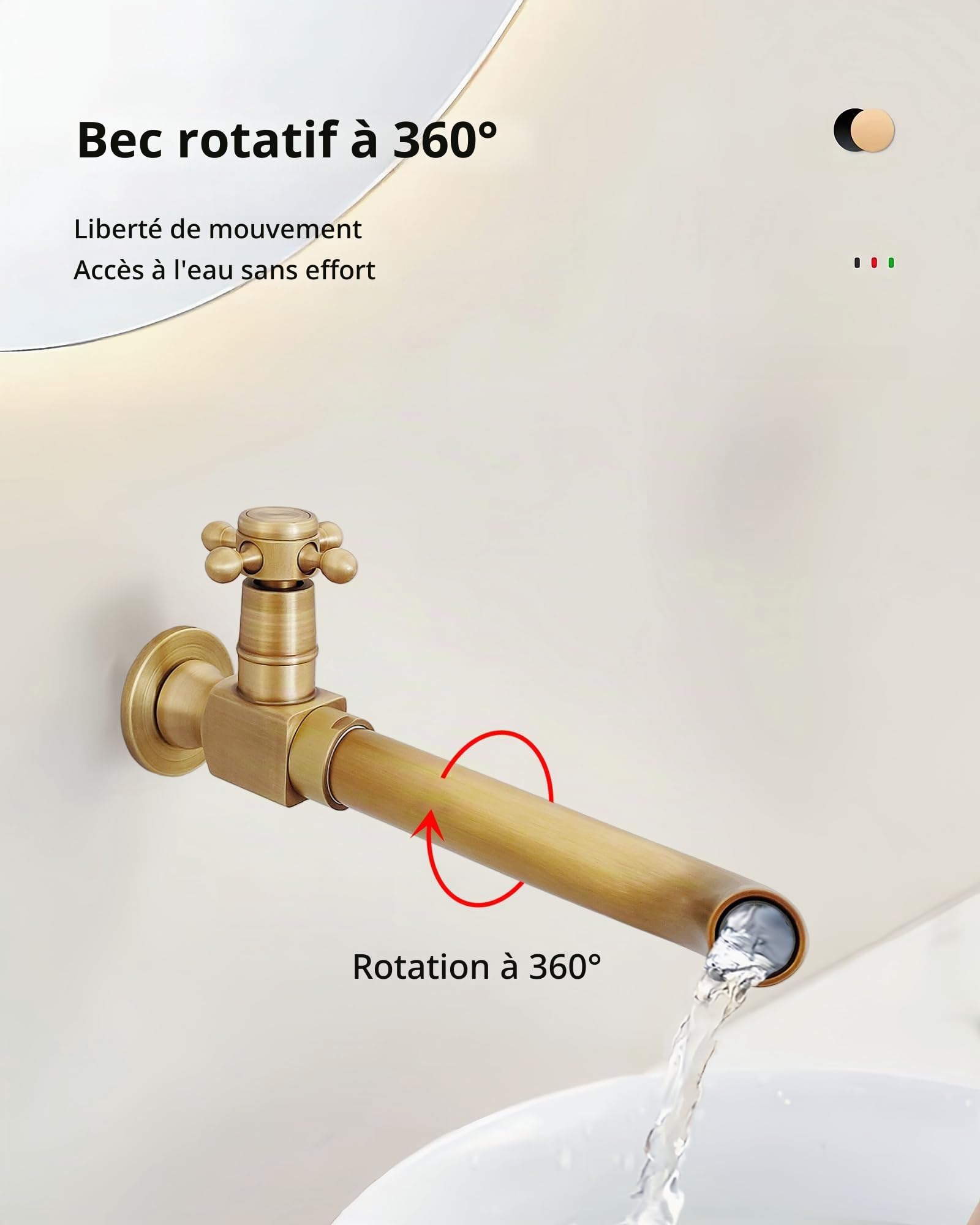 Robinet D'Eau Froide Mural Laiton Antique Pivotant 360°, 24cm | Robinet Monocommande Mural Lavabo Long Laiton pour Salle de Bain Jardin Balcon Terrasse Extérieur Maison Hôtel