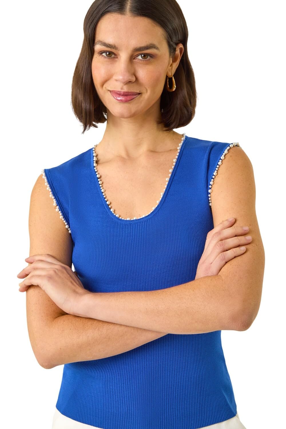 Roman Women's Blue Faux Pearl Trim Top In Size 12