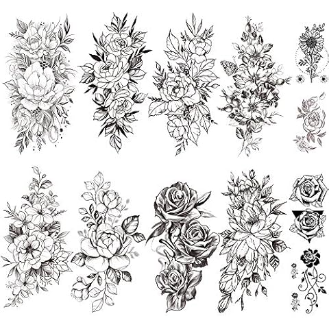 Yesallwas 12 Sheets Black Flower Tattoo Sleeves Temporary Tattoo Water Transfer Tattoo Sticker Peony Rose Tattoos Tattoo Girl Sexy Arm Tatto Body Art (B) Cover