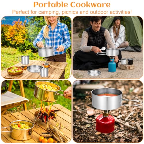 15 Pcs Camping Cookware Set, Stainless Steel Outdoor Camping Cooking Kit with Pot and Pan Cups Plates Forks Knives Spoons Kit for 1-2 Person Camping, Backpacking, Outdoor Cooking and Picnic - Image 5
