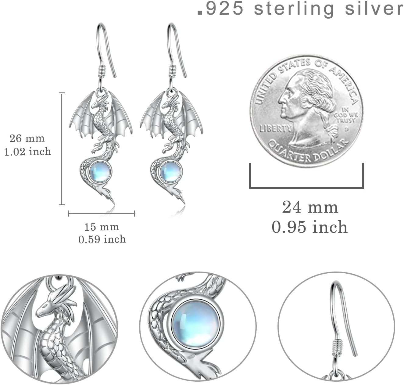 Dragon Rings and Dragon Earrings 925 Sterling Silver Moonstone Dragon Jewelry Adjustable Dragon Gifts for Women
