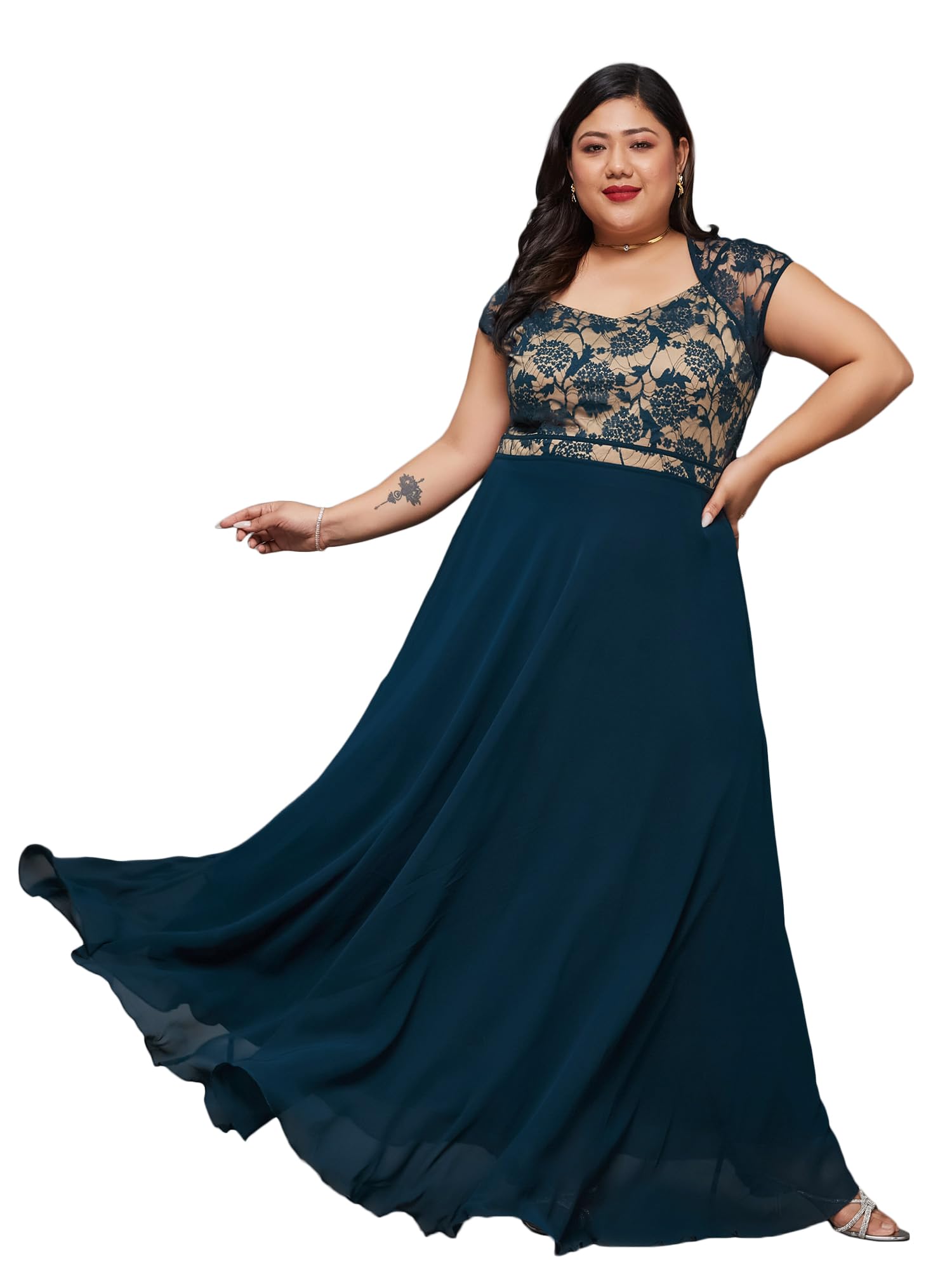 miss chase a+ Women's Floral V-Neck Short Sleeves Fit & Flare Paneled Maxi Dress with Pockets-picture-30