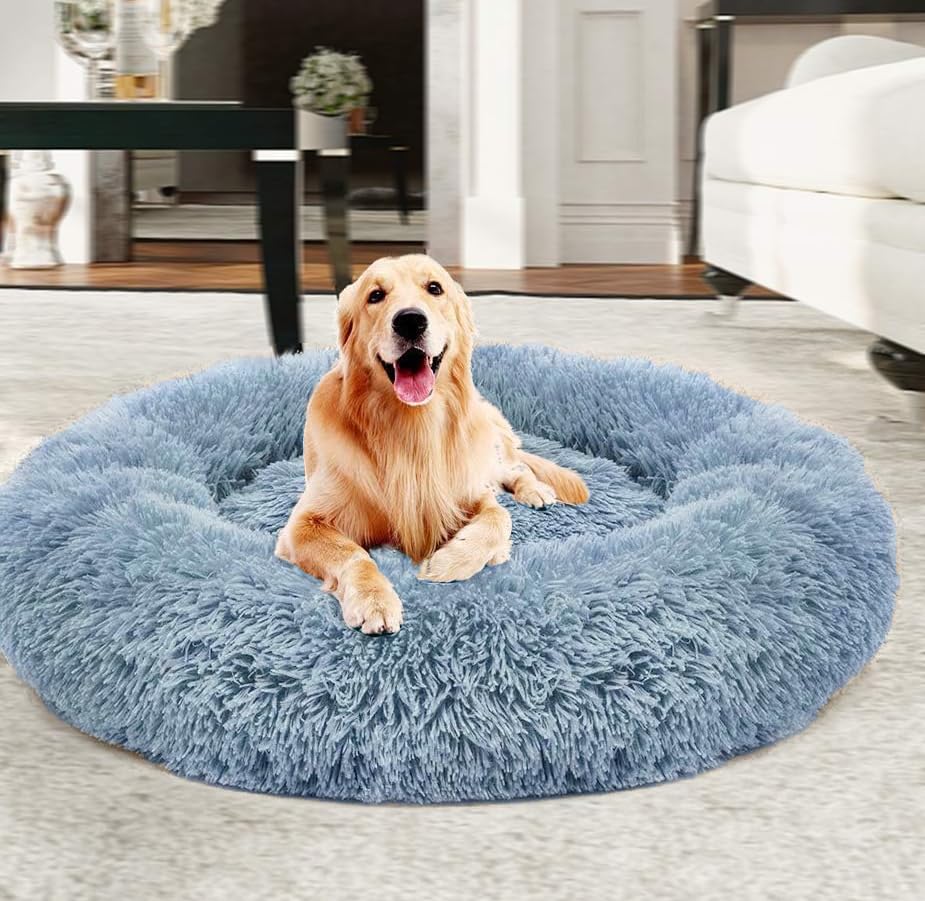 Yuly Warm Extra Large Donut Dog Bed, Calming for Large Dogs, Faux Fur Washable Pet Bed, Self-Warming Round Plush for Medium to Large Breeds (120cm Blue)