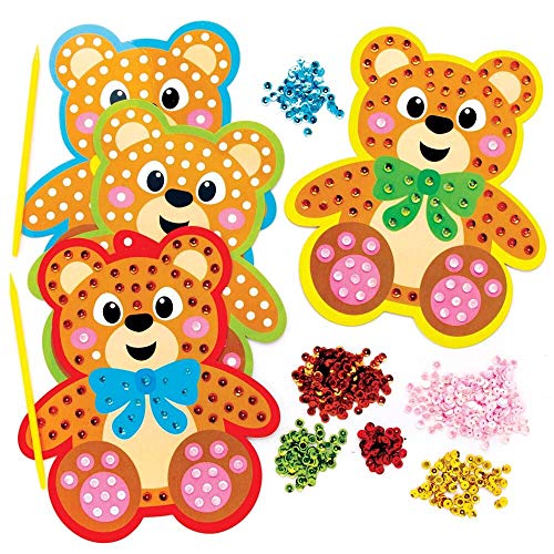 Baker Ross FE364 Teddybär-Pailletten-Kunstsets, 4 Stück, Basteln für Kinder, Kunst-Set, kreative Aktivitäten für Kinder, eigenes Kunst- und Bastelprojekt dekorieren