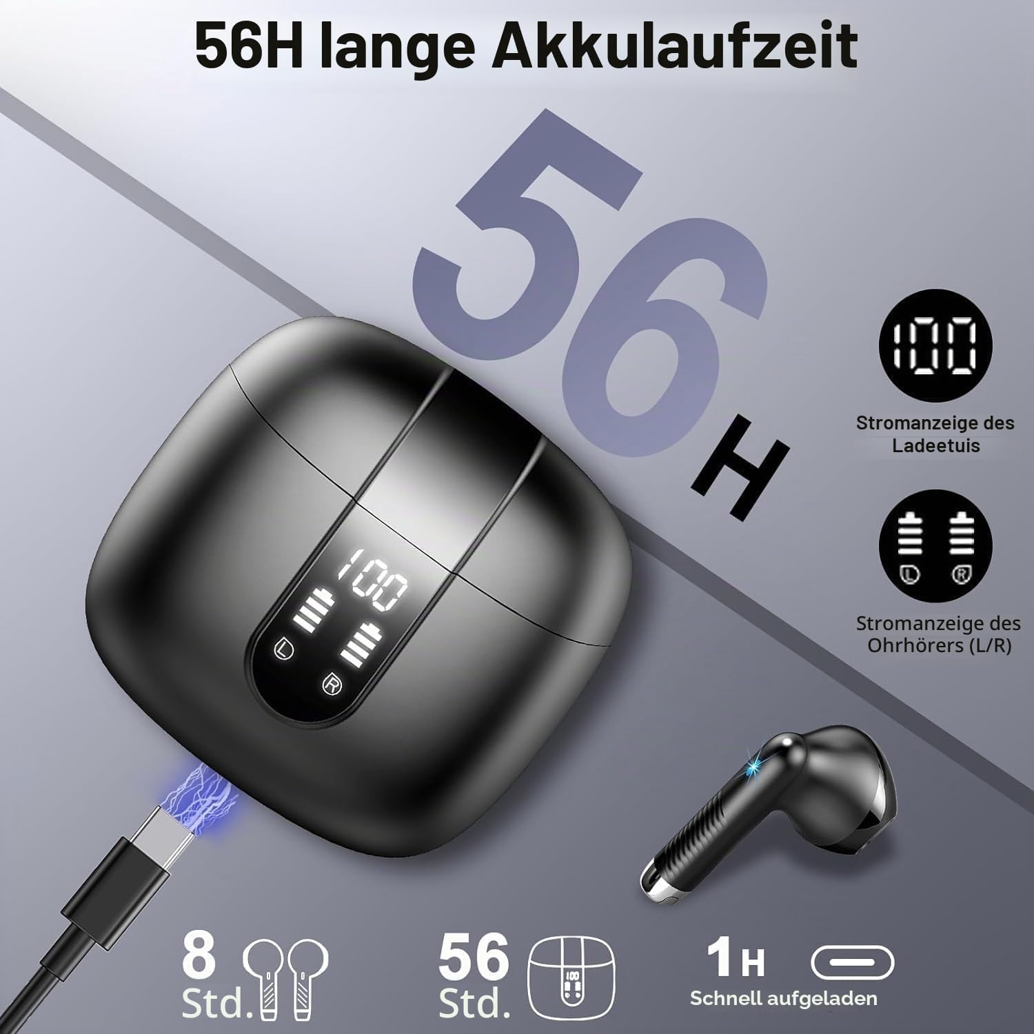 Drsaec Cuffie Bluetooth, 2026 6D Stereo Auricolari Bluetooth 5.4 | 4 ENC Riduzione del Rumore Auricolare Bluetooth, Stereo, Display LED, USB-C, IP7 Impermeabile, iOS Android