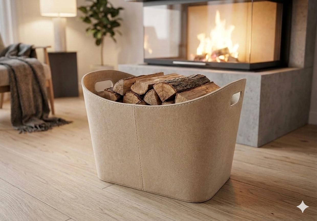 Metrox 2099508 Cestino in Legno con Maniglie, in Feltro, Colore Beige, Dimensioni: 53.5 X 43 X 34 Cm, 1807