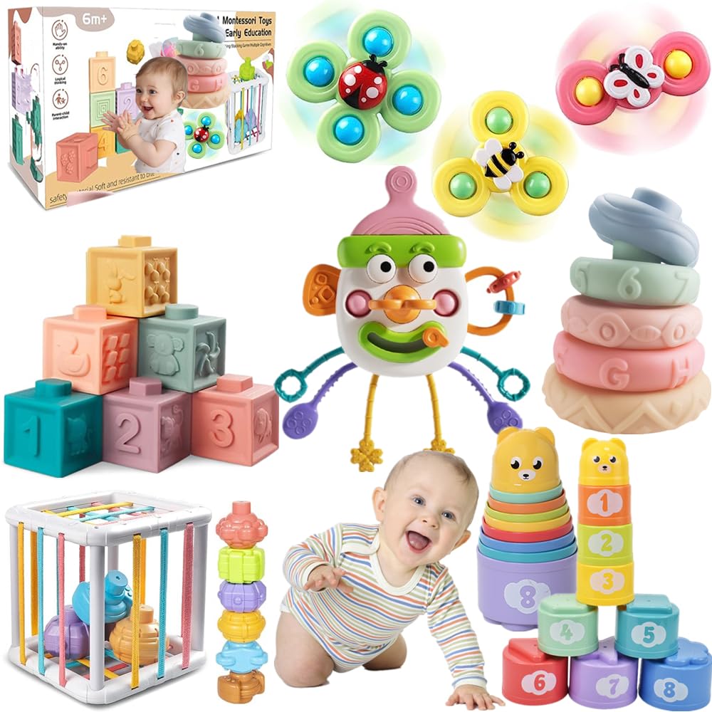 ELLECK Baby Toys 6-12 Months, Montessori Toys for Toddlers 1-3 Year Old, Busy Cube Teether Infants Bath 6 in 1 Stacking Blocks Rings, Suction Cup
