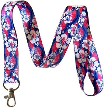 Hawaiian Hibiscus Lanyard Keychain ID Badge Holder Tropical Flower Print, Summer Style