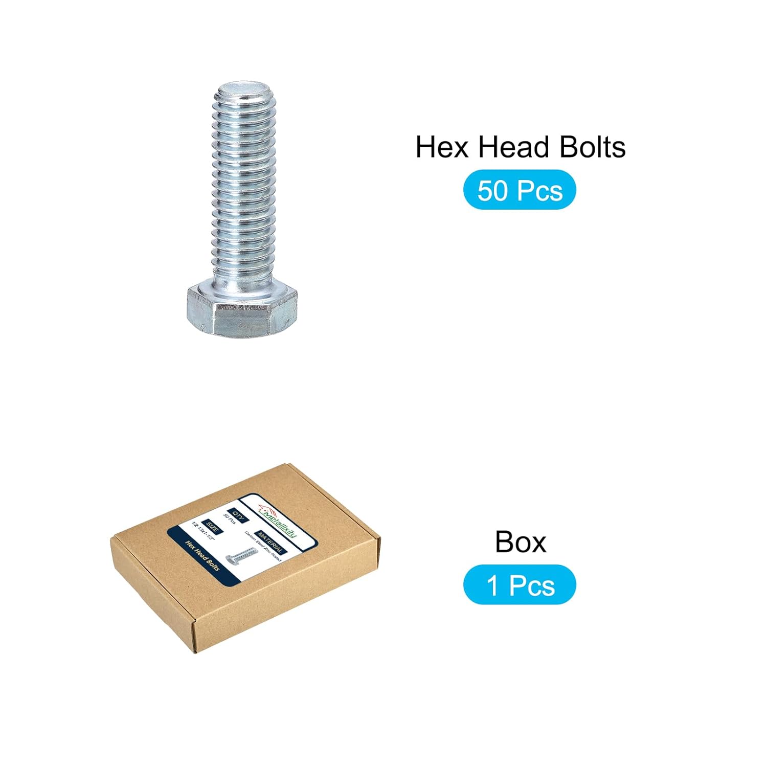 METALLIXITY Hex Bolts (1/2-13x1-1/2") 50Pcs, Carbon Steel Zinc Plated Fully Threaded, Coarse Thread UNC Hex Head Screw Bolt - for Furniture Repair, Silver