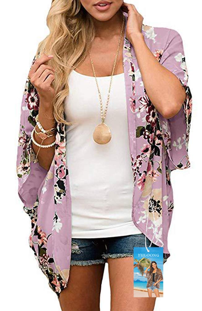 YULOONG Womens Cover Ups Chiffon Floral Print Kimono Loose Shawl Cardigan Boho Summer Casual Blouse Top Sexy Beach Swimwear Capes