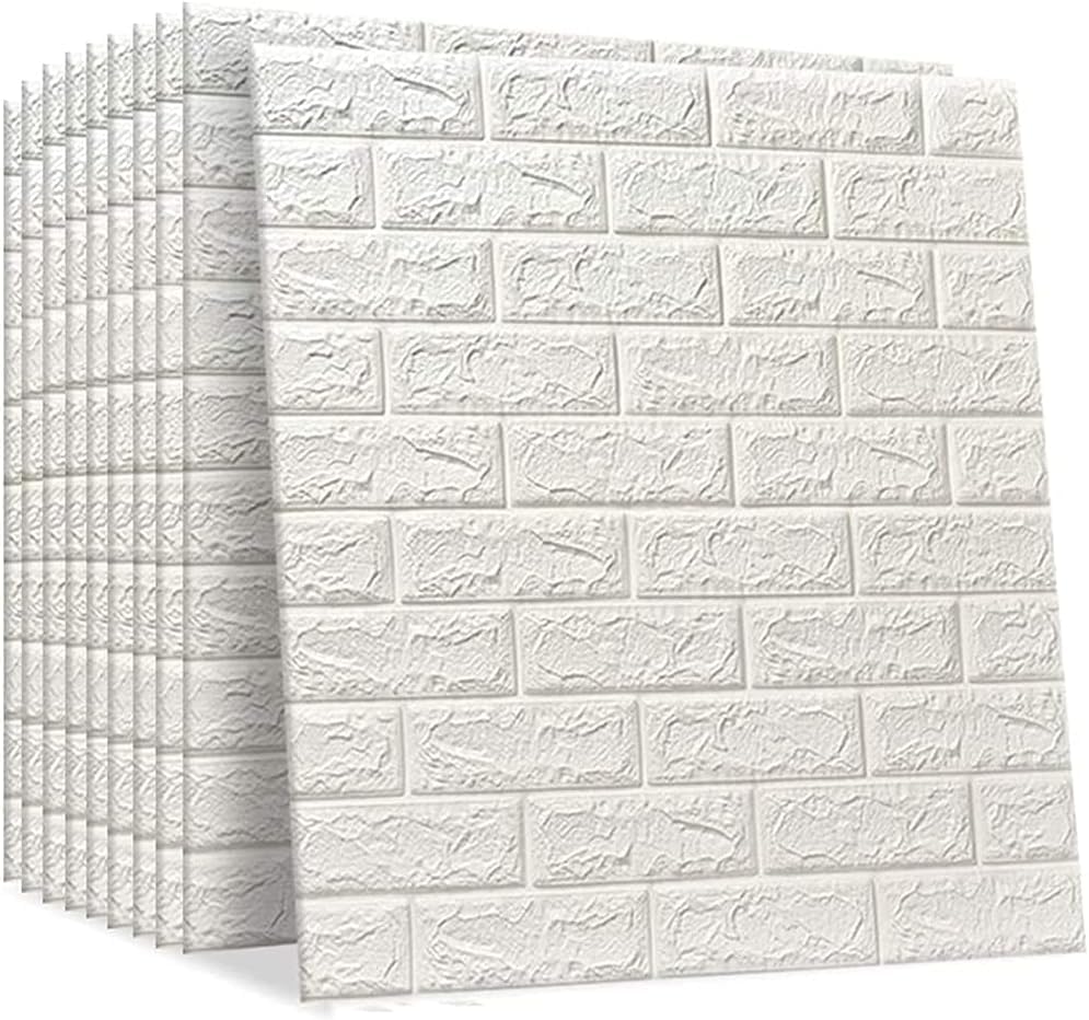 PE Foam 3D Wall Tile Pattern, Self-Adhesive, Anti-Collision, Waterproof Wall Sticker (70x77cm), Bundle of 10pcs - White