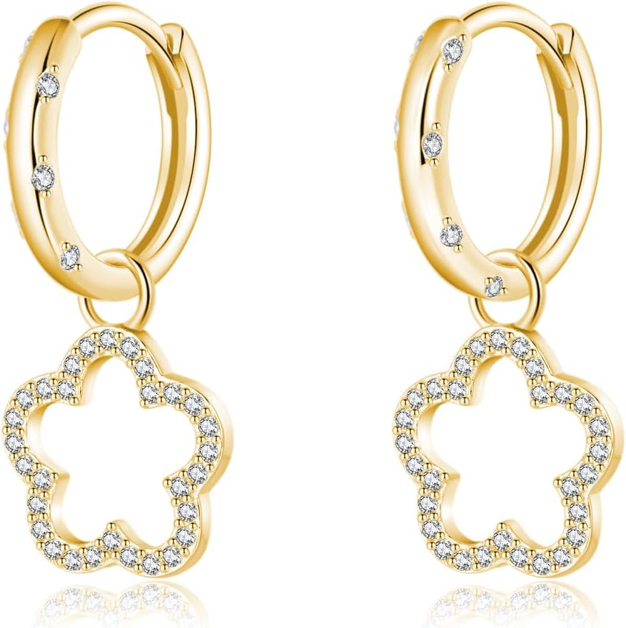 Reffeer Solid 925 Sterling Silver Flower Hoop Earrings Dangle for Women Teen Girls CZ Flower Drop Earrings Huggie Dangle Earrings