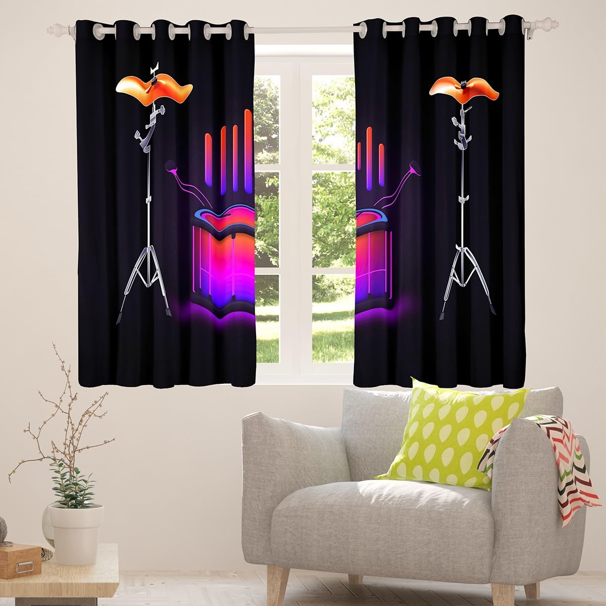 Homewish Rideau Occultant 117x137 cm Kit de Tambour de Néon,Rideau Instruments de Musique Abstraits,Rideaux Voilage Enfants Garçons Adolescents Adultes La Musique Pop Musique Rock Moderne