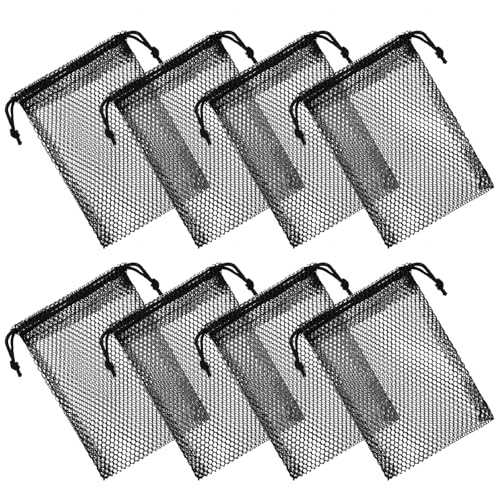 8 Pcs Mesh Bags, Small Mesh Bags Drawstring Rock Collecting Bag Black Drawstring Storage Bag Polyester Net Sack 6 X 4