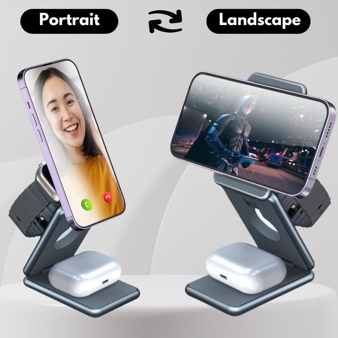 3 in 1 Nightstand Wireless Charger Compatible with iPhone, AirPod and Apple Watch Ultra 3, 2, 1 - Fast Wireless Charger Compatible with MagSafe and Night Stand Mode