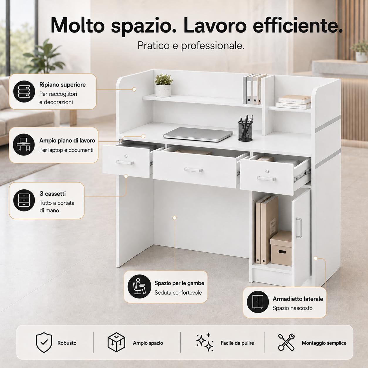 Banco reception, banco reception, tavolo con 3 cassetti e ripiani per sale aziendali, reception alberghiere, negozi di abbigliamento, bianco, 120 cmx 48 cm x 110 cm