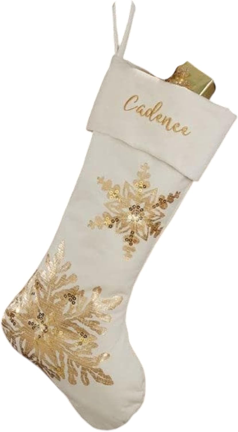 Personalization Universe Glistening Snowflake Personalized Christmas Stocking, Customizable with Name, Gold Beaded Accents, Durable Polyester, 20" L x 8" W, Holiday Decor - Burgundy