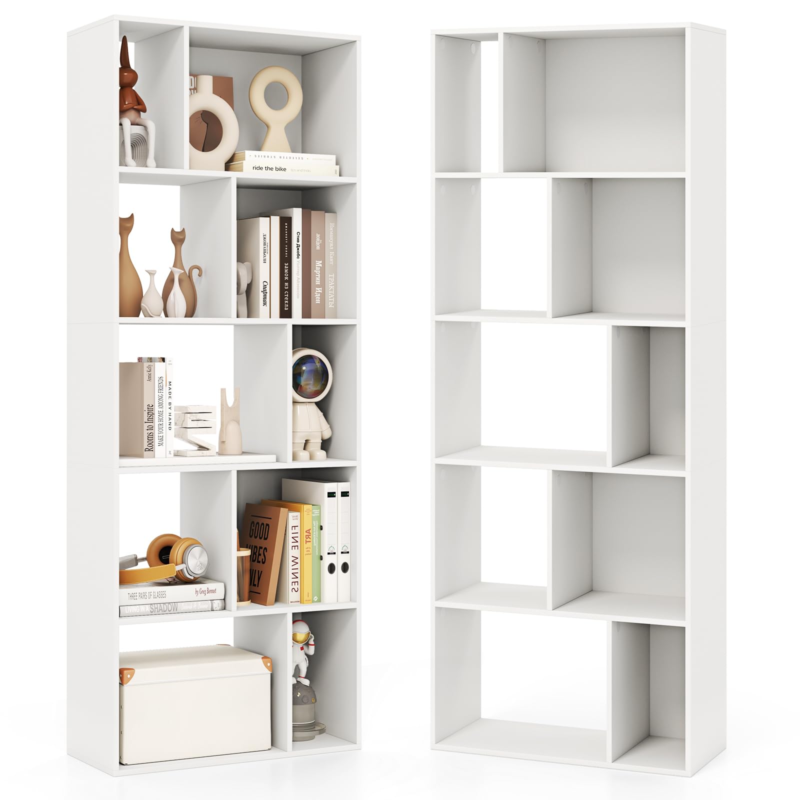 HOMASIS Librería de Madera de 5 Niveles, Estantería para Libros con 10 Cubos, Estante Abierto de Almacenamiento con 2 Dispositivos antivuelco para Dormitorio, Oficina, salón, 60 x 25 x 160 cm, Blanco