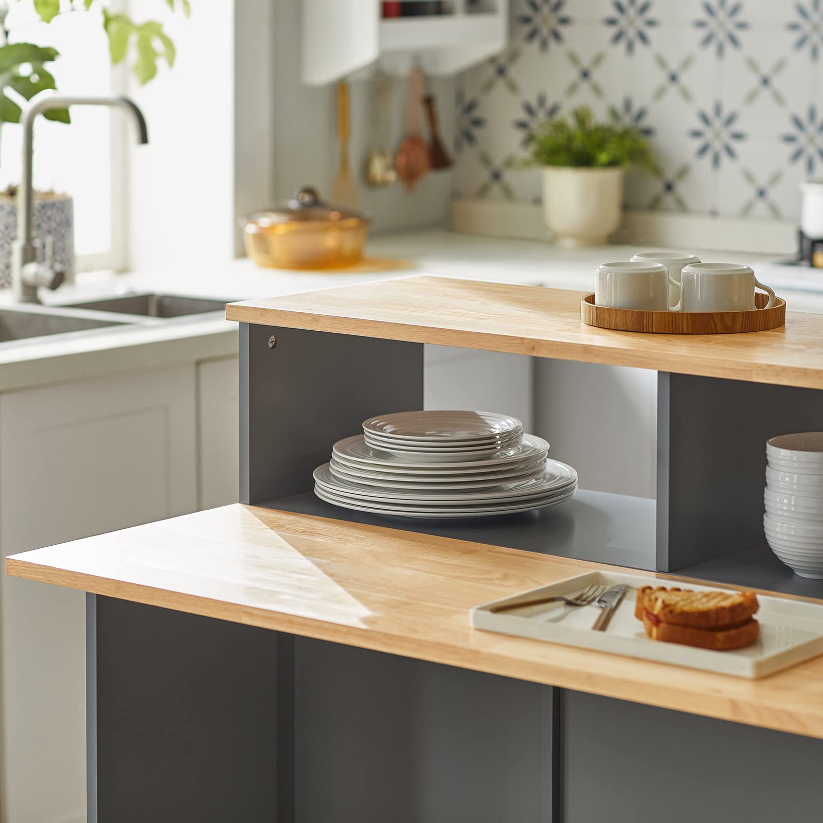 SoBuy FSB36-HG Sideboard mit Schiebetüren Kücheninsel mit erweiterbarer Arbeitsfläche Küchenschrank Highborad Kommode Schrank hellgrau BHT ca: 110x97x68cm