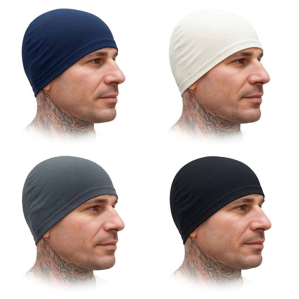 Cotton Helmet Skull Caps for Men Bike Head Caps Hair Inner Helmet Liner for Bikers Sweat Wiking Cooling Skull Cap for Cycling, Summer Helmet Cap for Men (Pack of 4) Multicolour, Free Size