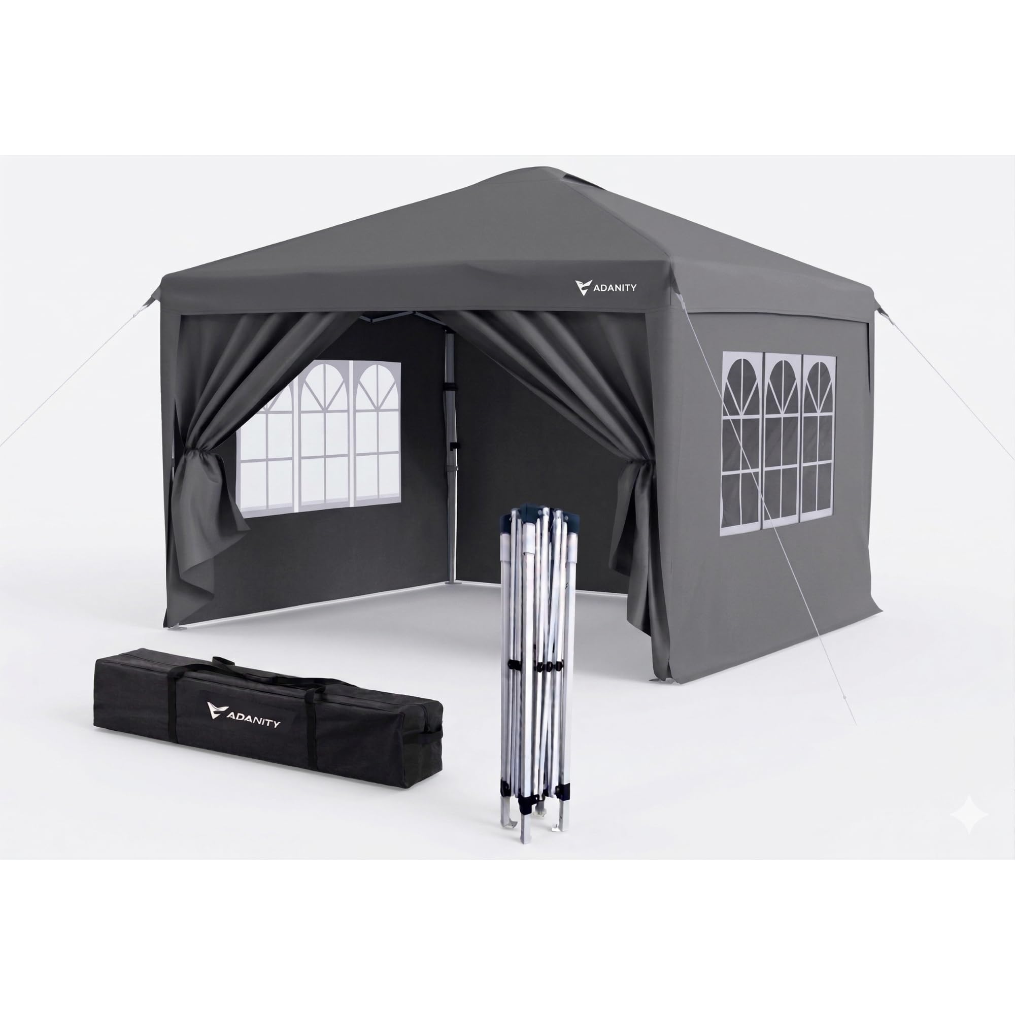 Lot de 2 tonnelles Pliantes 3 x 3 m Grises – 4 parois avec fenêtres et Porte, Toile Oxford 210D imperméable et Anti-UV, Structure en Acier – Sac et kit de Fixation Inclus