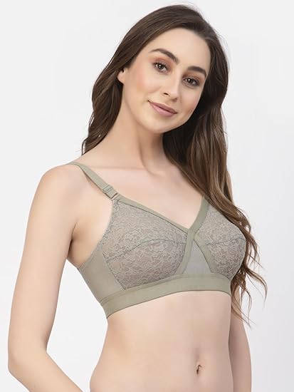 Floret Women's Non-Padded & Non-Wired Solid Full Coverage Cross-Elastic Lace Bra