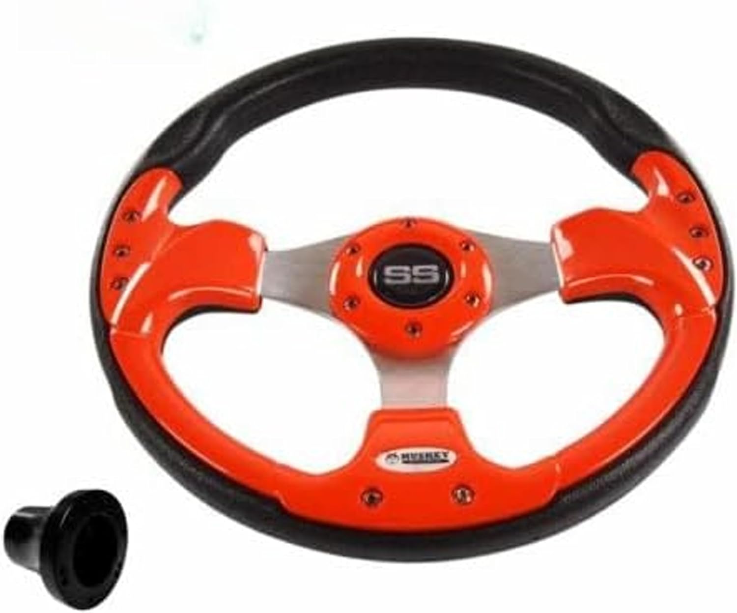Huskey 12.5 Inch Racing Style Orange Steering Wheel For Club Car, EZGO, and Yamaha Golf Carts With SS Logo,Stylish Aluminum Horn Button And Polyurethane Grip. (Adapter Required).
