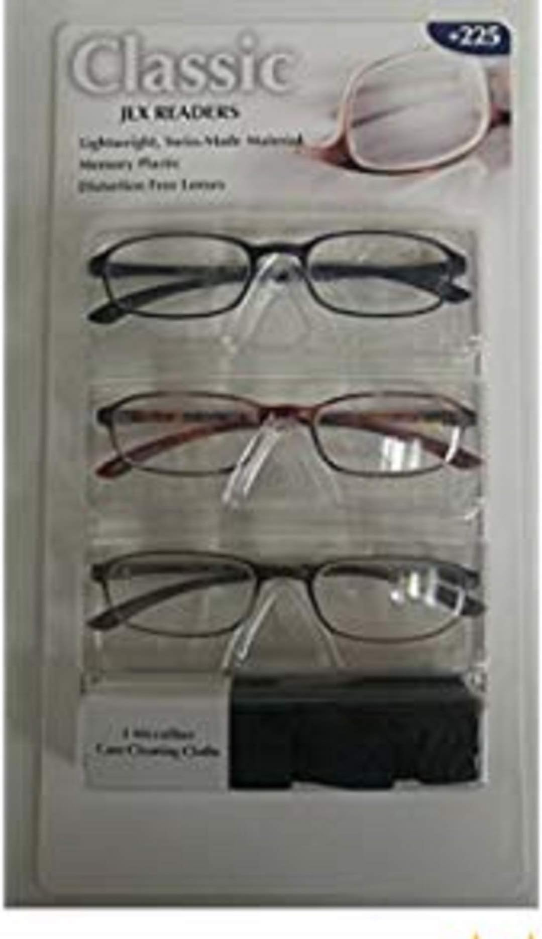 3 Pack Classic JLX Design Optics Reading Glasses 2.25 Lightweight, Swiss-Made Material Comes with 3 Microfiber Cases/Cleaning Cloths