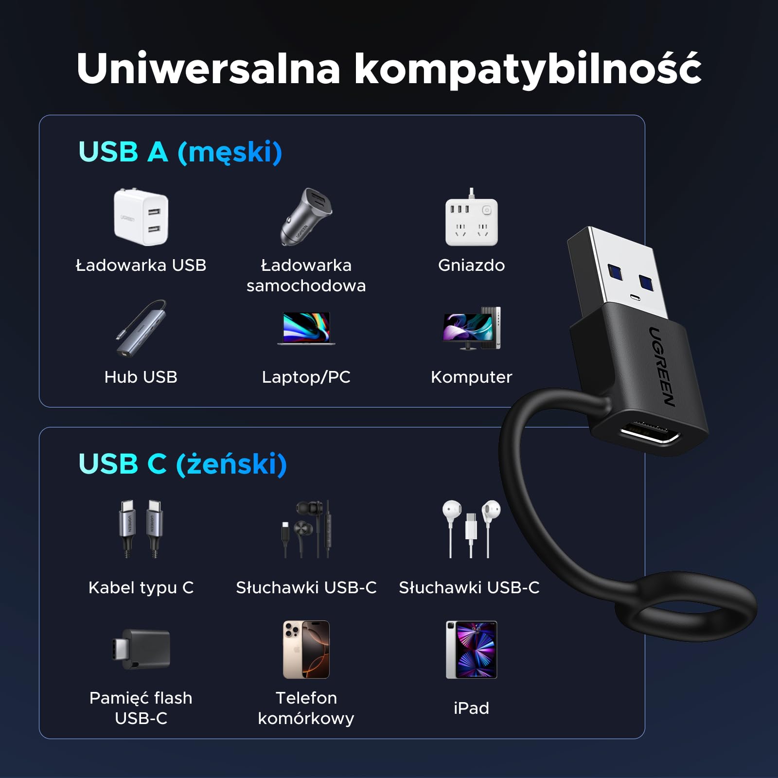 UGREEN USB do adaptera USB C (2 szt.) Adapter 10 Gb/s do zestawu z pierścieniem zabezpieczającym przed uszkodzeniami mechanicznymi dla iPhone'a 16/15/14 serii serii laptopów Carplay usw
