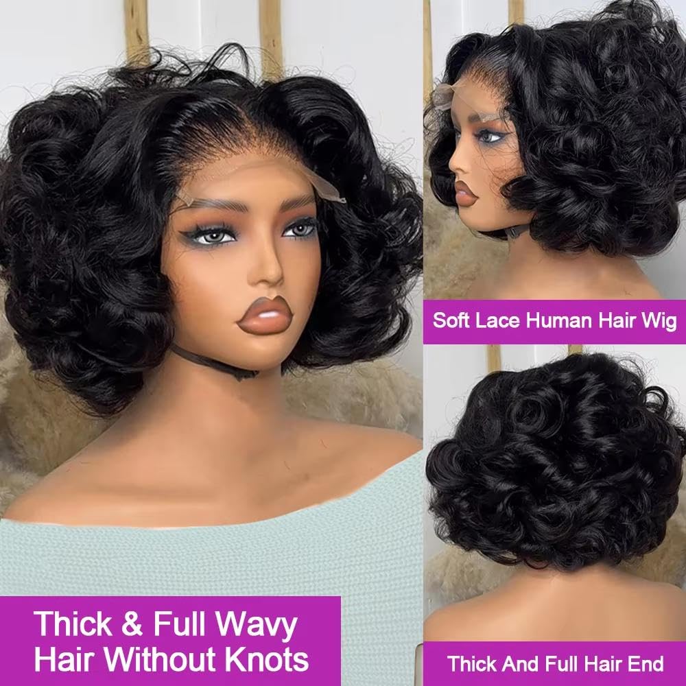 Haarpflege Kurze Gewellte Bob-Perücke HD-Spitzenfront-Echthaar Ohne Kleber Für Frauen Tragefertig Vorgezupft(7x5,250%_10INCHES)