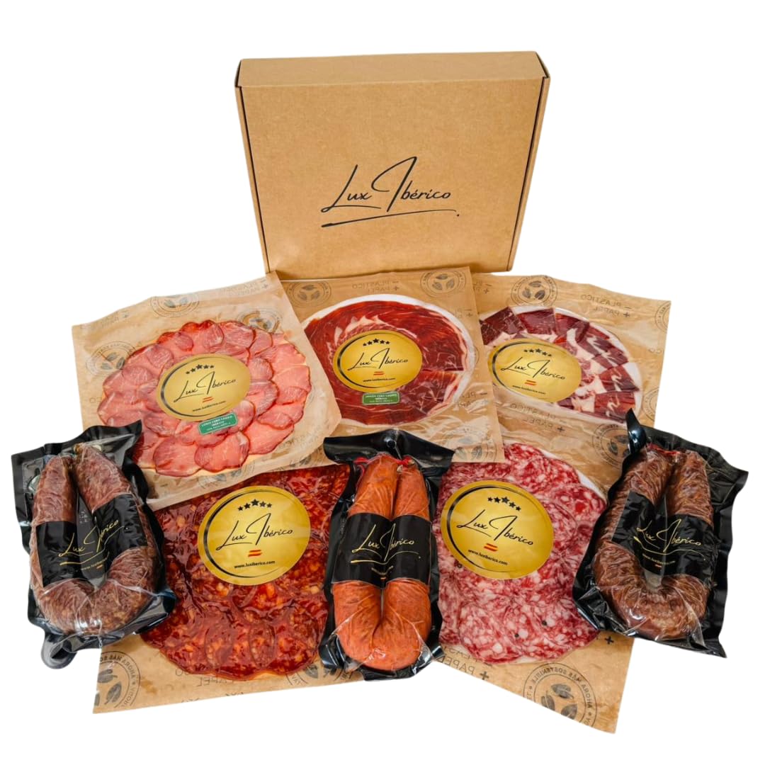 Lux Ibérico | Sabores de España | Caja Regalo Gourmet con Jamón, Lomo, Chorizo y Salchichón Ibérico Loncheado, Morcilla Patatera y Embutido Herradura | Regalo Gourmet