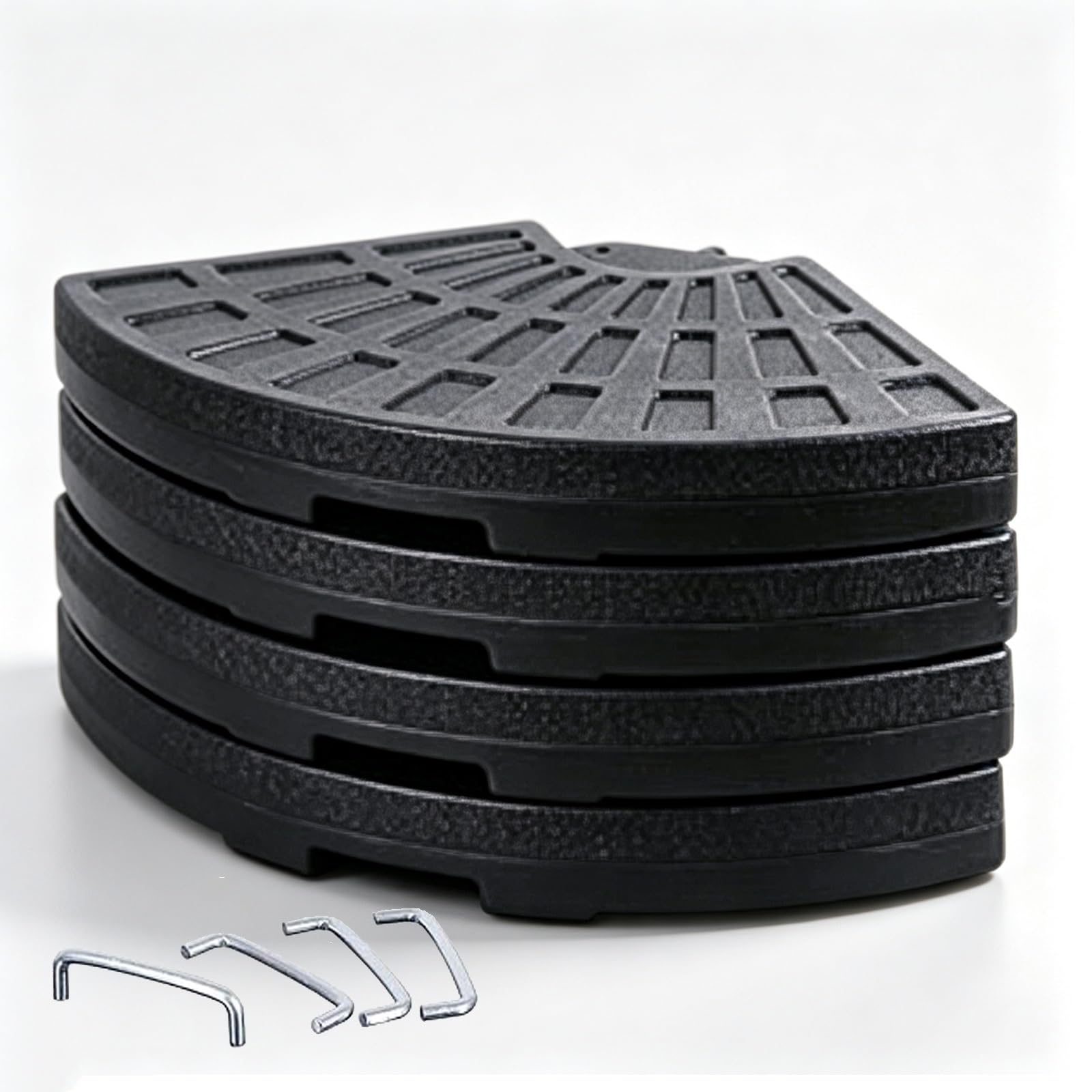 Ce Pied de Parasol, composé de 4 plaques emboîtables en Forme d'éventail, Sert également de Support pour Les Poids de Parasol.