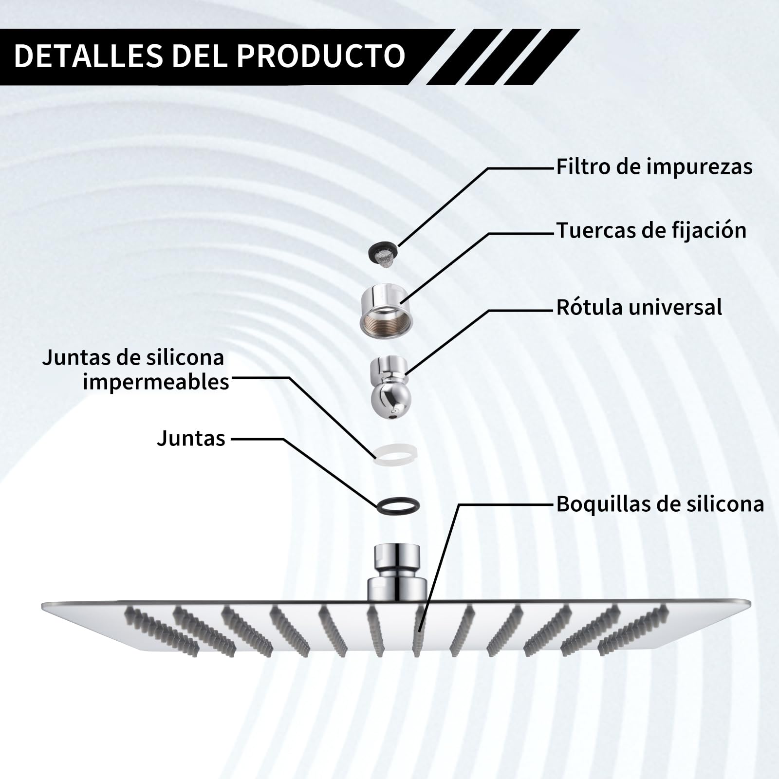 Rociador Ducha Cuadrada 30x30 cm/12 Pulgadas - Acero Inoxidable 304, Alcachofa Ducha Antical con 144 Boquillas de Silicona, Cabezal Ducha de Lluvia, Rotación de 360°, Cromo