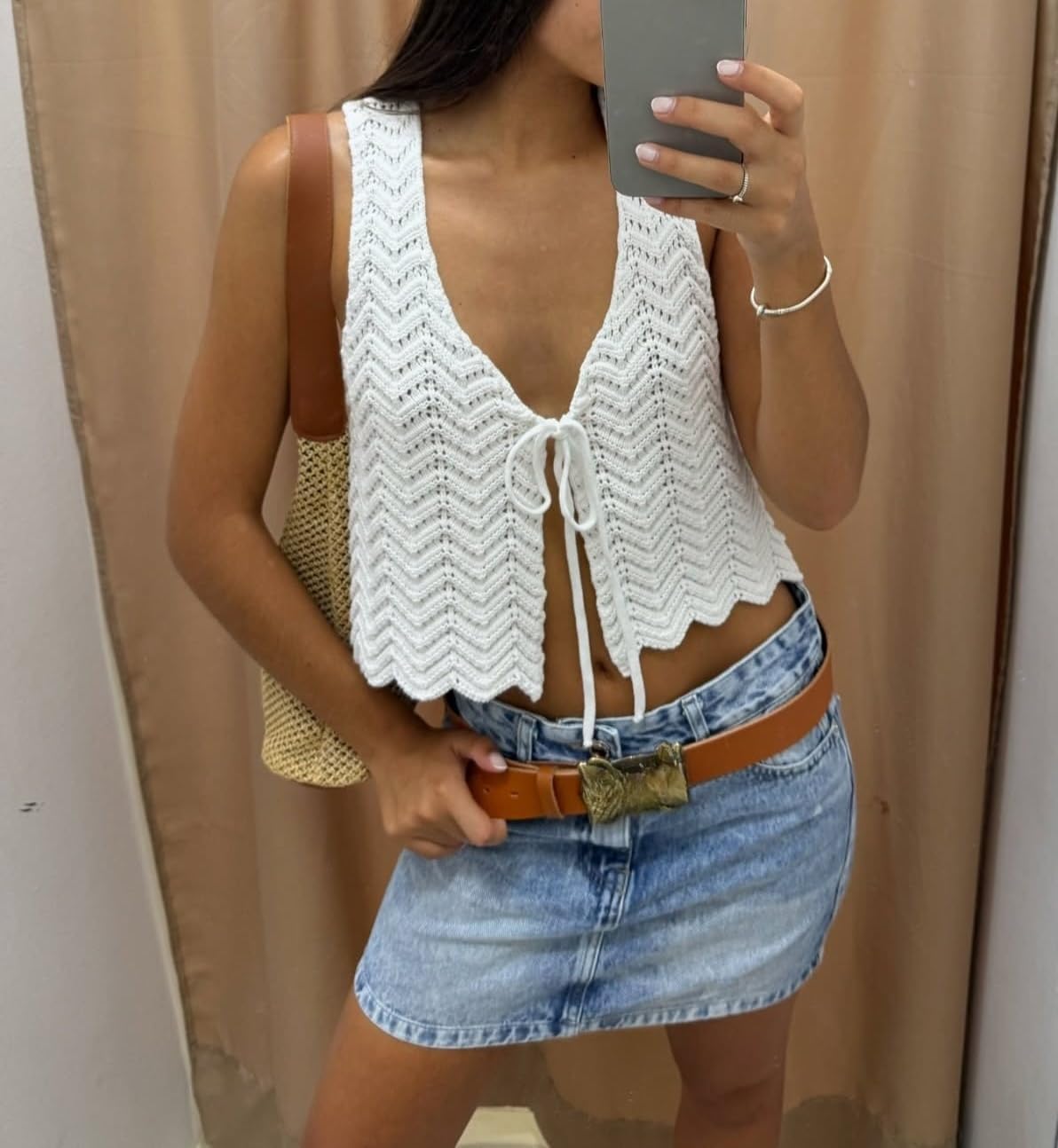 HengShunRui Women Tie Front Crochet Top Summer Boho Knit Vest Top Beach Cover Up - Image 4