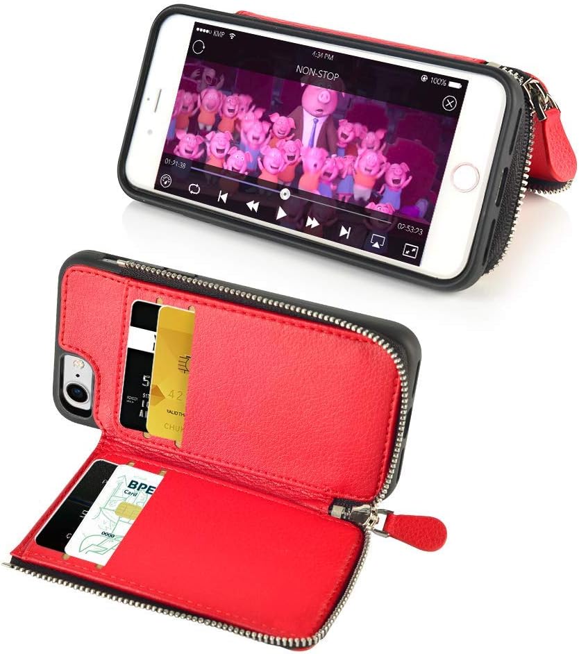 LAMEEKU Wallet Case for Apple iPhone SE 2nd Generation/8/7, Shockproof Protective Leather Card Holder Case with Zipper Credit Card Slot, Bumper Phone Cover for iPhone 7/8/SE2 4.7" - Red