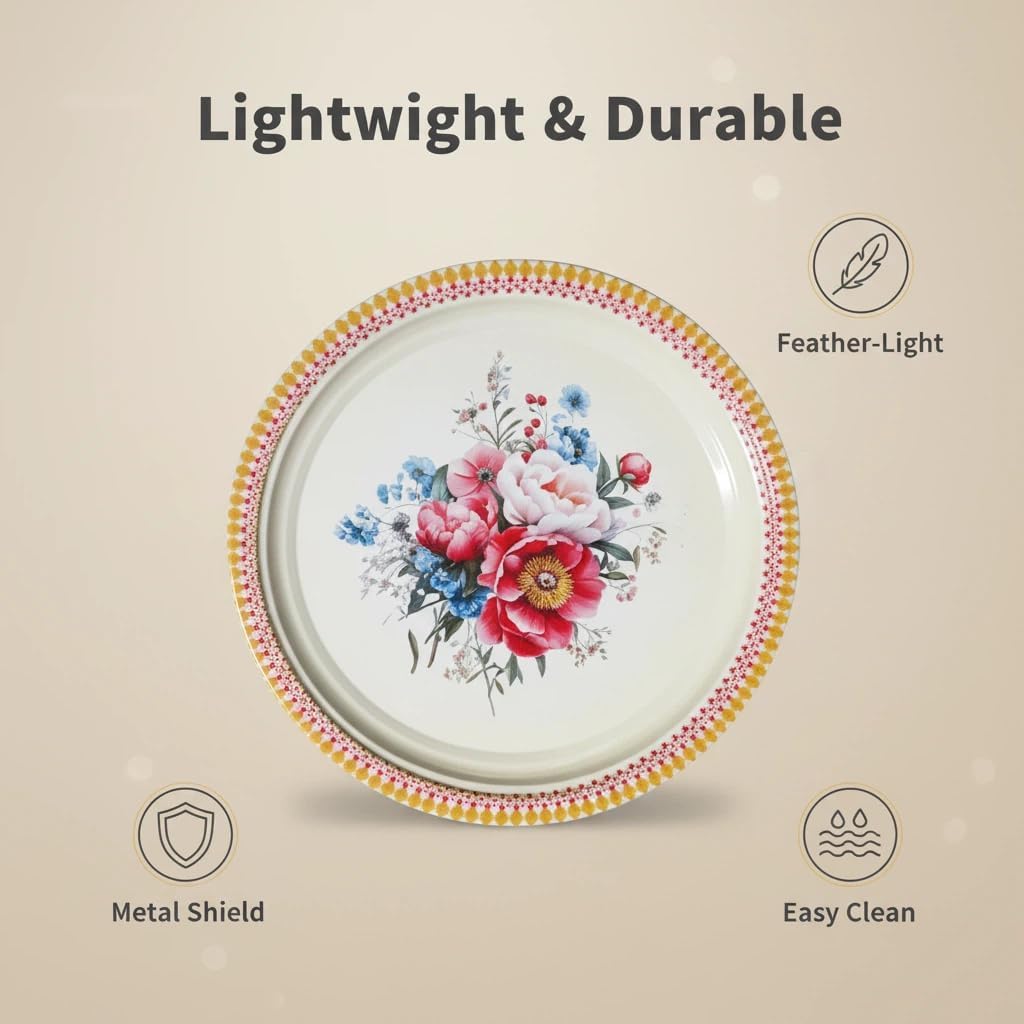 Metal Plate Set of 5 – Floral Decorative Pattern – Lightweight & Versatile Tableware (5-Pack)