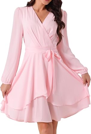 Seta T Womens Wrap V Neck Dress Long Sleeve High Waist Tie Ruffle Swing Skater Casual Dresses